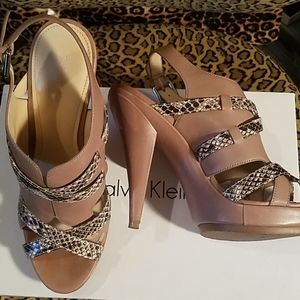 Calvin Klein taupe & python platform heels
